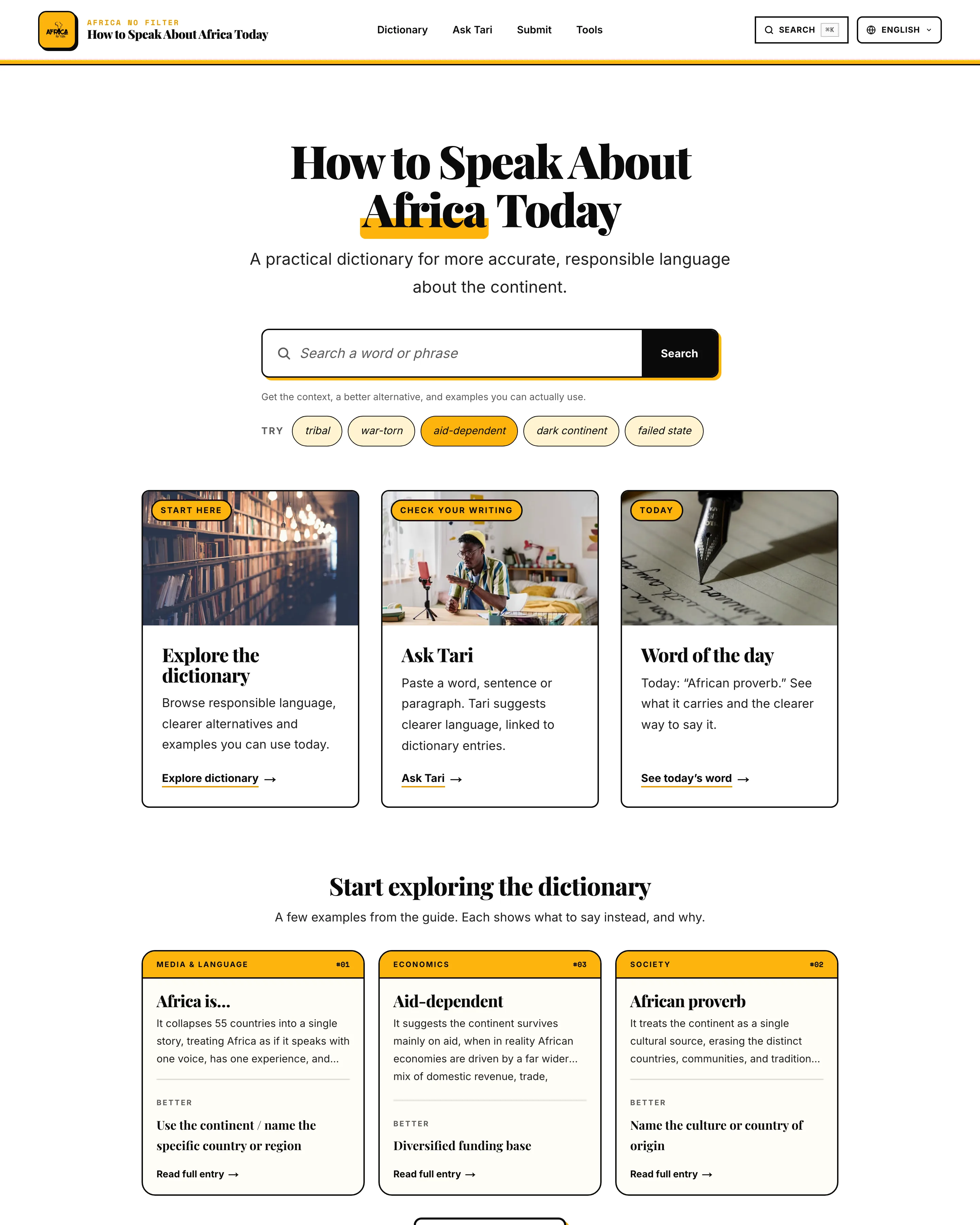 Landing page of the Africa No Filter Dictionary website designed by Solis Digital