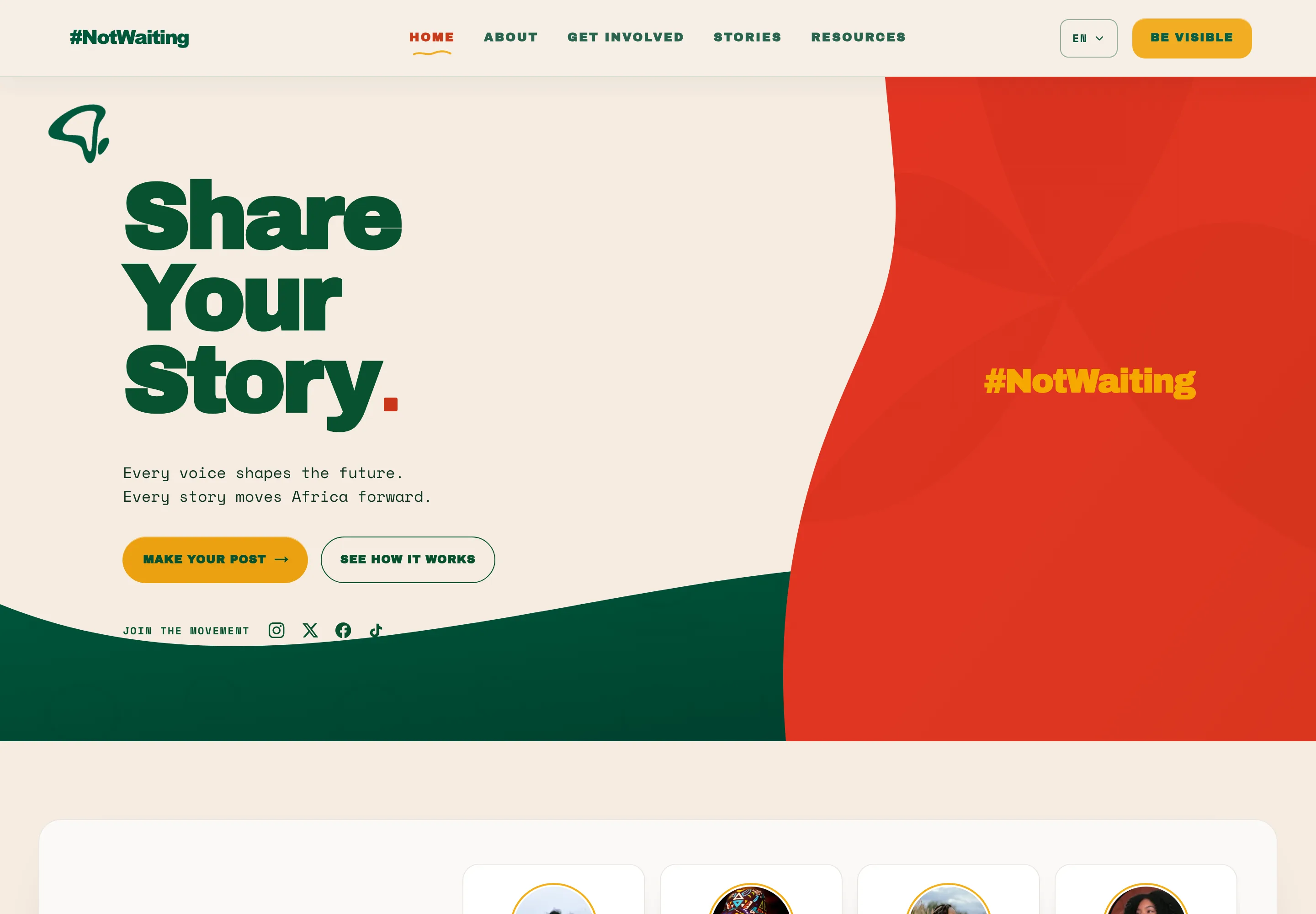 Landing page of the #NotWaiting website designed by Solis Digital